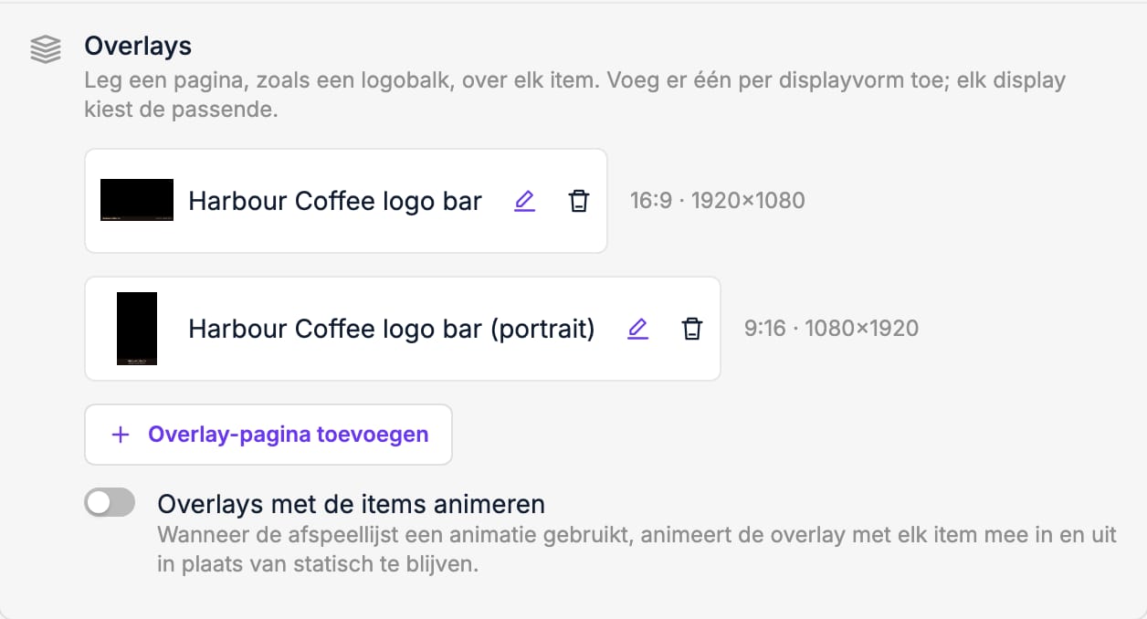 Overlaypagina's voor liggende en staande schermen.