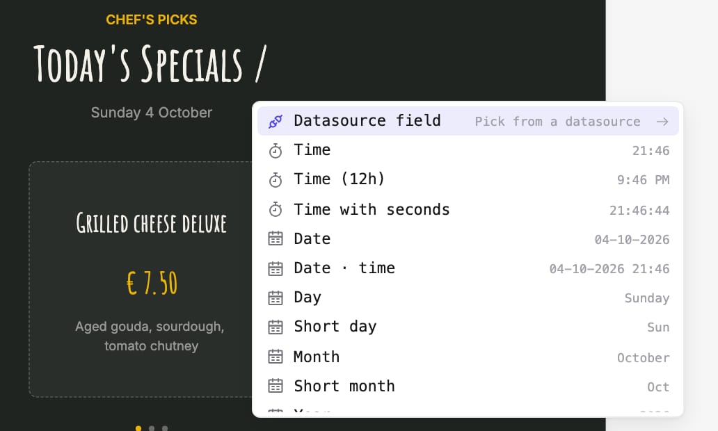 Type / in a text layer to insert live data.